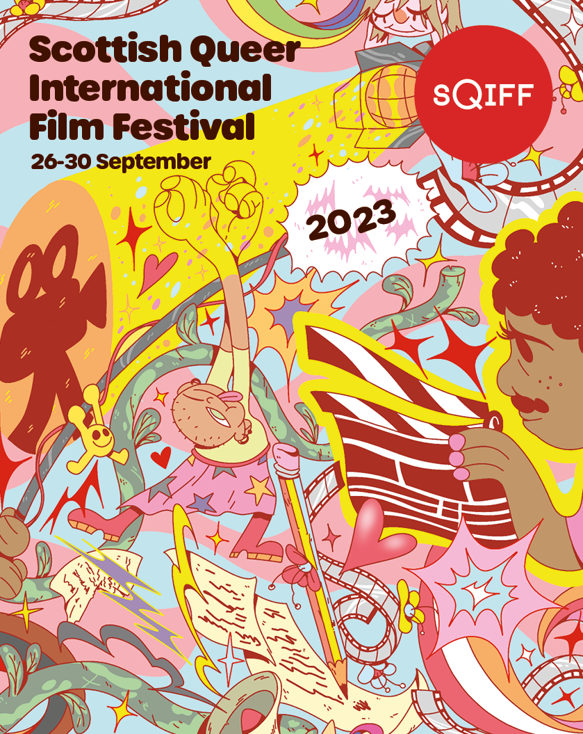 SQIFF artwork with the name and date of the festival in the top left in maroon writing. The images are drawn, colourful and merged in to a collage showing people, hearts, paper, instruments and filming equipment